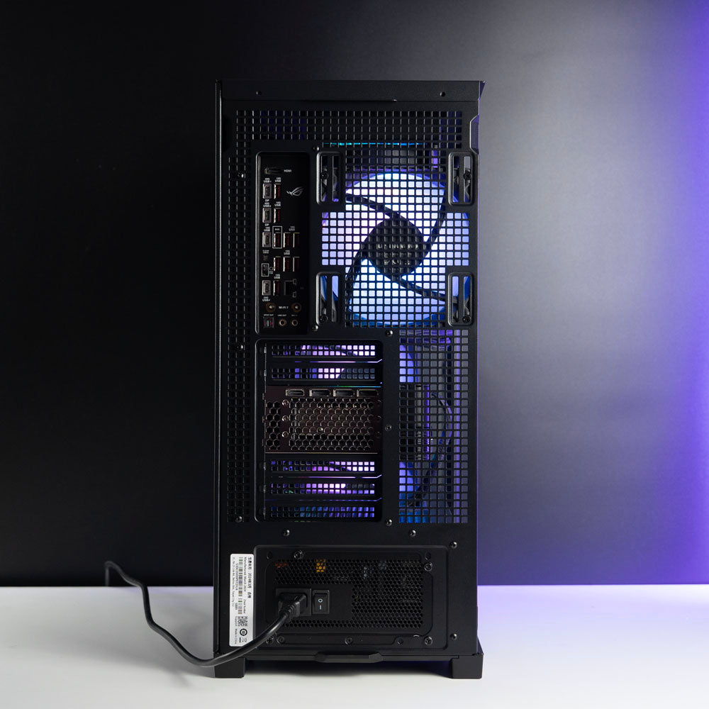 High-end black AMD custom gaming PC with RGB lighting – Ryzen 9 9950X3D with NVIDIA RTX 5090 32GB, 96GB DDR5, 4TB Gen5 SSD and 420mm liquid cooler in ASUS TUF GT302 case, built for ultra 4K and 8K gaming, streaming, and professional creative workloads in Australia.